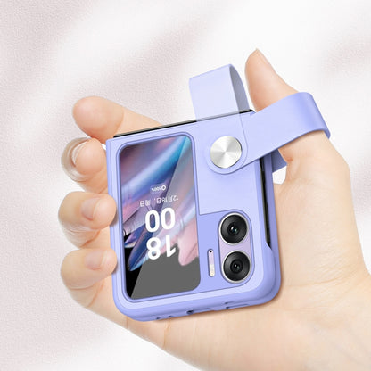 Light purple leather-style phone case with hand strap held in hand, showing camera openings
