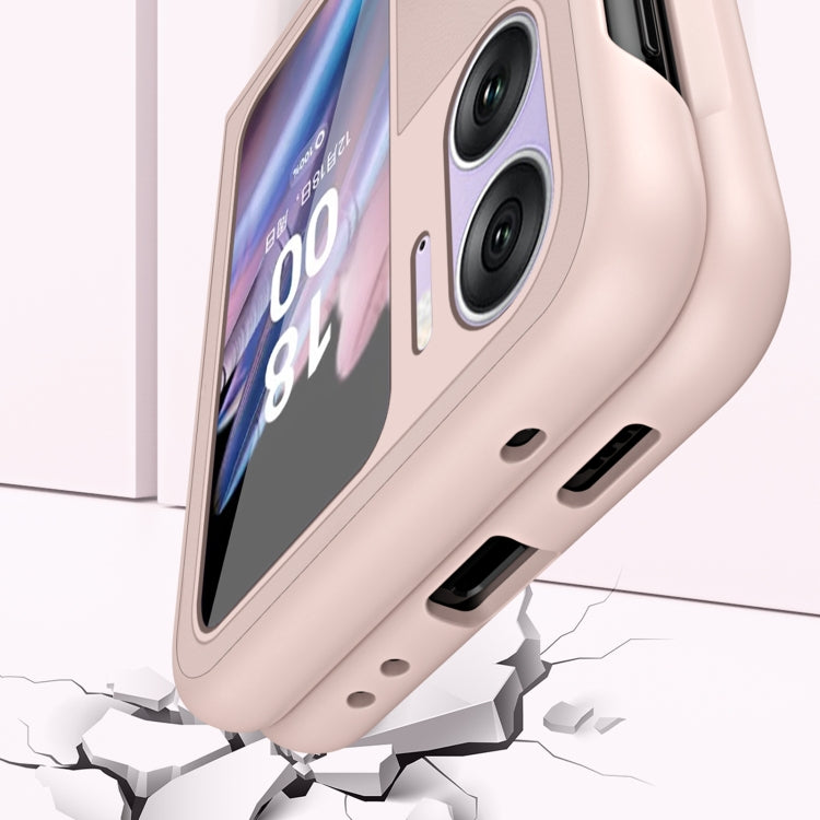 Pink leather-style phone case close-up with camera cutouts and side port openings