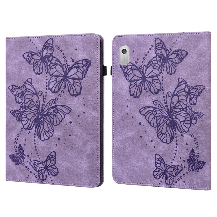 Purple leather-style tablet case with embossed butterfly pattern and dual folding covers