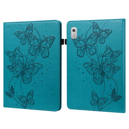 Blue leather-style tablet case with embossed butterfly pattern and dual folding covers