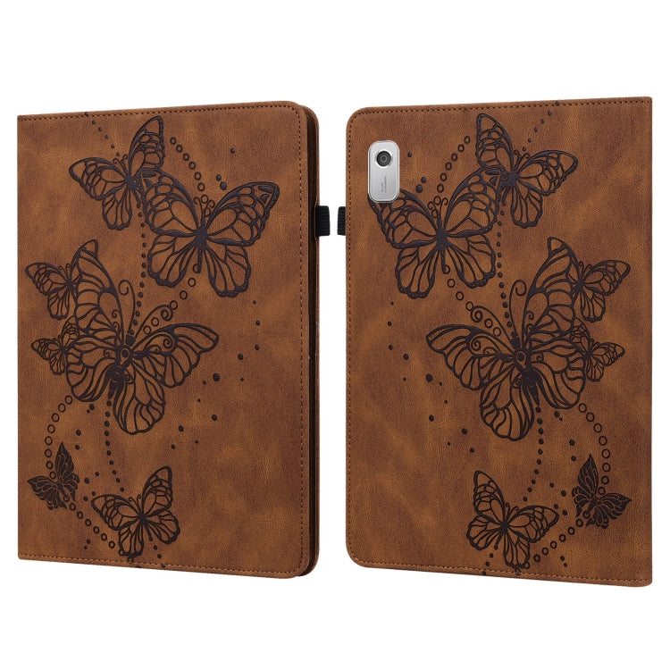 Brown leather-style tablet case with embossed butterfly pattern and dual folding covers