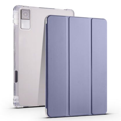 3-fold tablet case with transparent TPU back and dark blue folio cover with fold seams