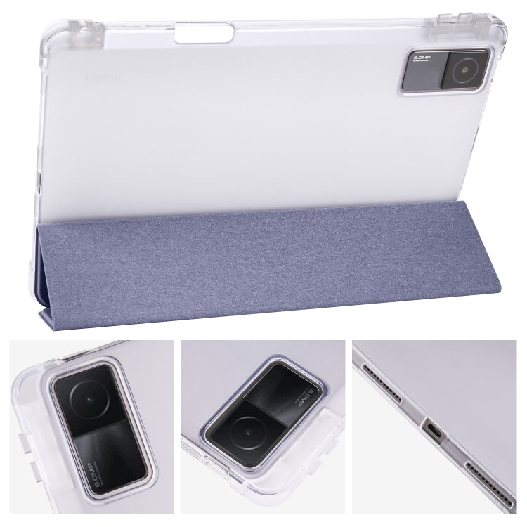3-fold tablet case with transparent TPU back and blue fabric folio cover, camera window