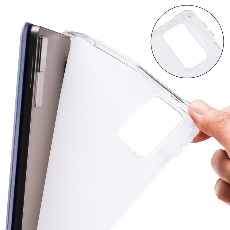 Transparent TPU tablet case with side buttons cutout and folio cover corner detail