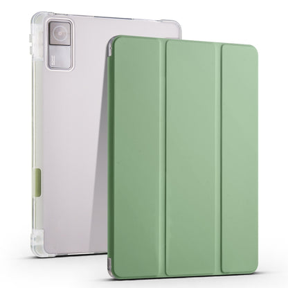 3-fold tablet case with transparent TPU back and matcha green folio cover with fold seams