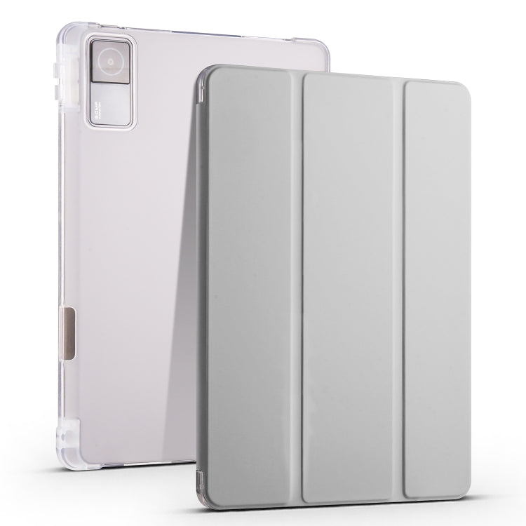 3-fold tablet case with transparent TPU back and gray folio cover with three fold panels