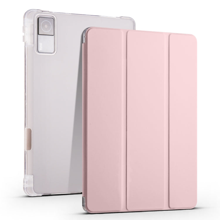 3-fold transparent TPU tablet case with stand and pen slot, pink cover