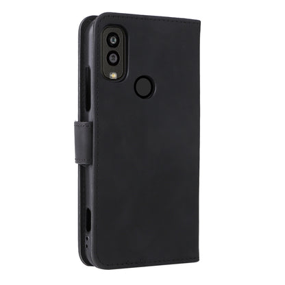 Black leather flip phone case with camera cutout and side grip strap