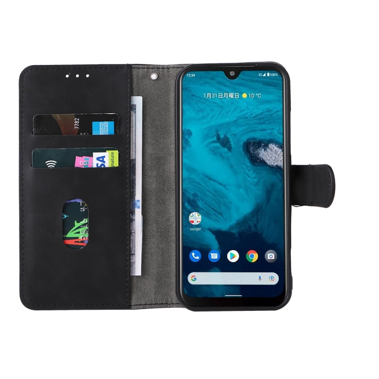 Black leather magnetic flip phone case opened with card slots and stand