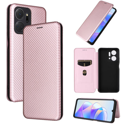 Pink flip phone case with carbon fiber texture, front and back views, camera cutouts