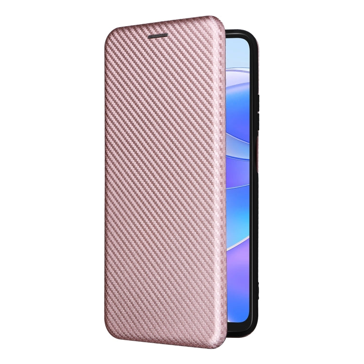 Pink carbon fiber texture flip phone case with open top and side edge profile