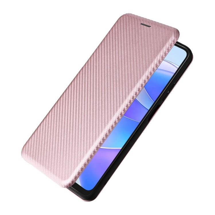 Pink carbon fiber texture flip phone case angled view, showing smooth front flap