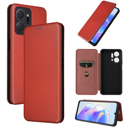 Red carbon fiber texture flip leather phone case, camera cutout and front cover shown