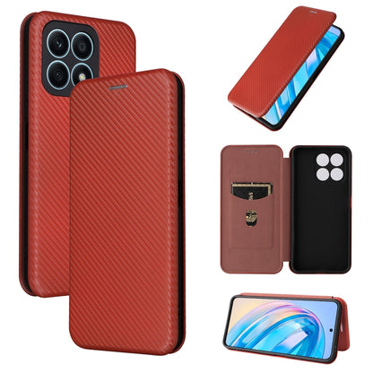 Red carbon fiber texture flip leather phone case, close view of back and front cover