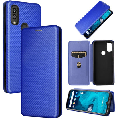 Blue carbon fiber texture flip phone case with card slot and phone viewing window