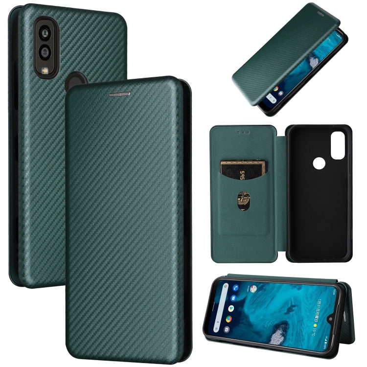 Dark green carbon fiber texture flip leather phone case, camera cutout and side view