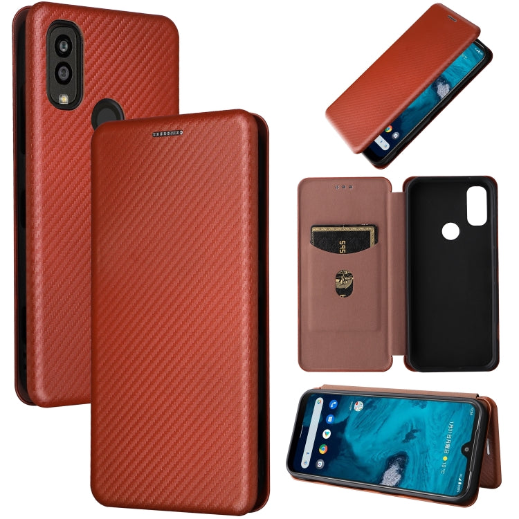 Brown carbon fiber texture flip leather phone case, front and back pieces plus screen view