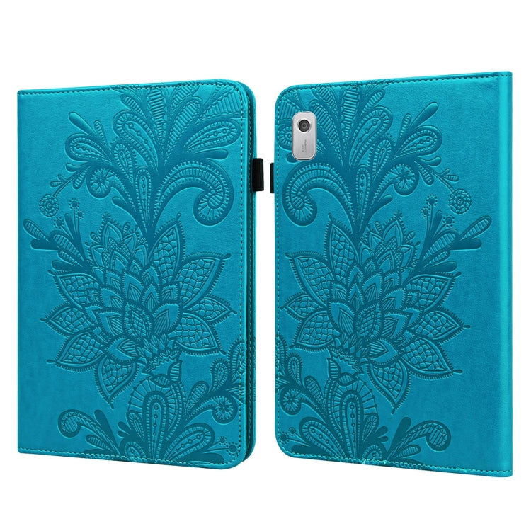 Blue folio tablet case with embossed lace flower pattern and side magnetic clasp