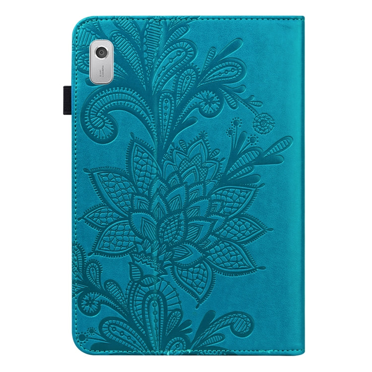 Blue embossed lace flower folio tablet case with camera cutout and card edge stitching
