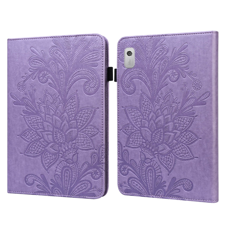 Purple folio tablet case with embossed lace flower pattern and side magnetic clasp