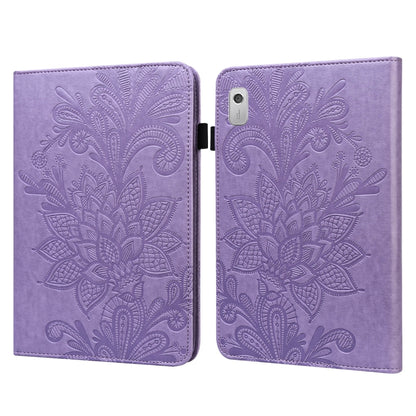Purple folio tablet case with embossed lace flower pattern and side magnetic clasp