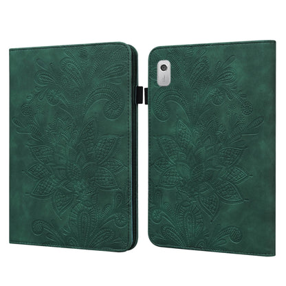 Green folio tablet case with embossed lace flower pattern and side magnetic clasp
