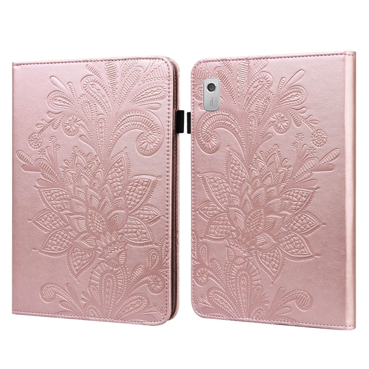 Pink embossed leather tablet case with lace flower embossing, folio for Lenovo Tab M9