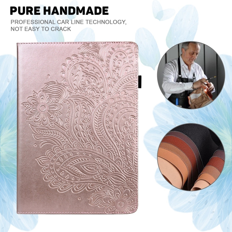 Rose gold embossed leather tablet case with decorative floral pattern on front