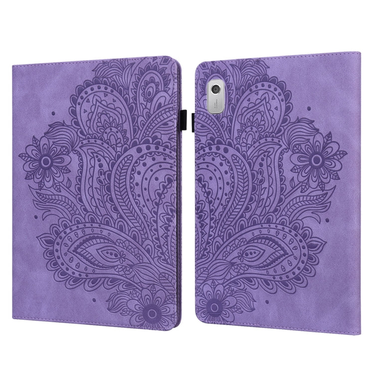 Purple peacock-embossed tablet case with flip cover; camera opening on back.
