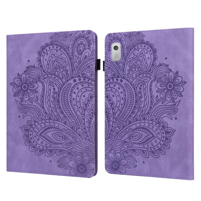 Purple peacock-embossed tablet case with flip cover; camera opening on back.