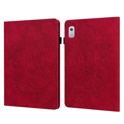 Red tablet folio case with peacock embossed pattern, front cover and side clasp