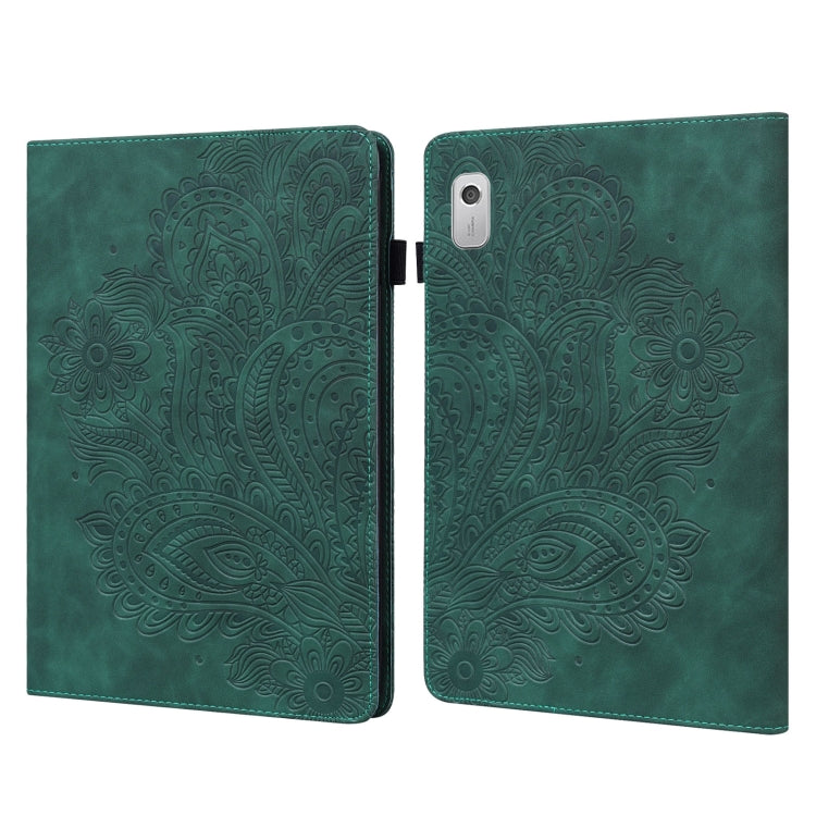 Green embossed leather-style tablet folio case with peacock pattern and camera cutout