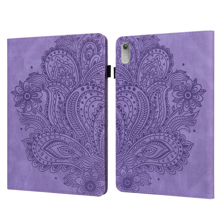 Purple peacock-embossed folio tablet case with clasp and camera opening on back.