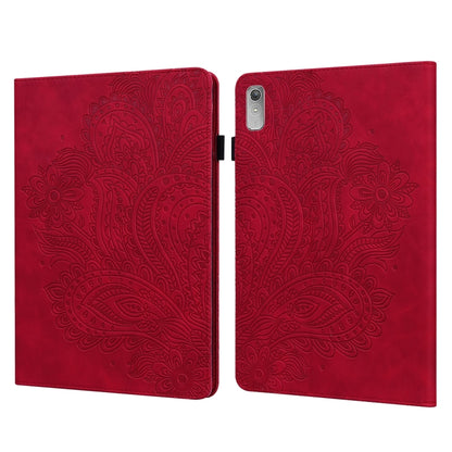 Red peacock embossed tablet folio case with camera cutout and side clasp