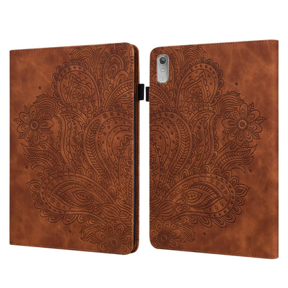 Brown peacock embossed tablet folio case with camera cutout and side clasp