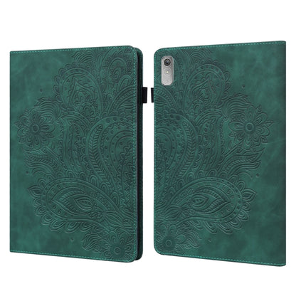 Green embossed leather-style tablet folio case with peacock pattern and camera cutout