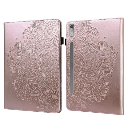 Rose gold peacock-embossed tablet case with flip cover; visible camera opening on back.