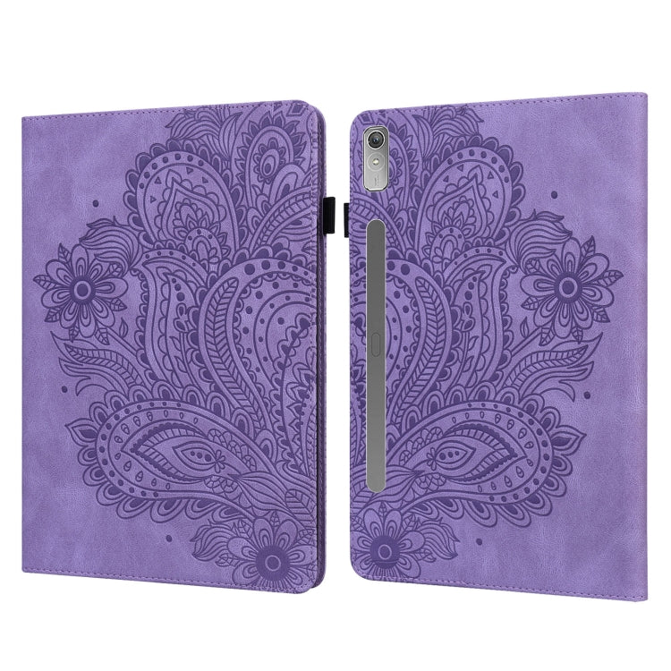 Purple peacock-embossed tablet case with front flap and camera opening on back.
