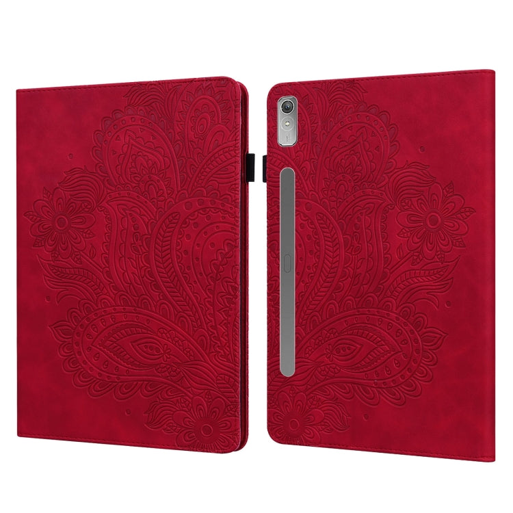 Red peacock embossed tablet folio case showing camera and button cutouts, side clasp
