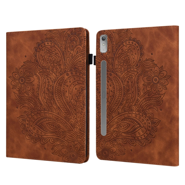 Brown peacock embossed tablet folio case showing camera and button cutouts, side clasp