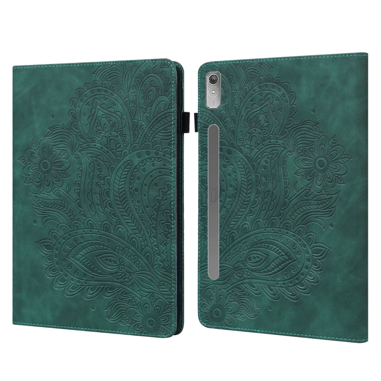 Green embossed leather-style tablet folio case with peacock pattern and two device cutouts