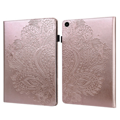 Rose gold peacock-embossed tablet case with flip cover and clasp; camera opening on back.