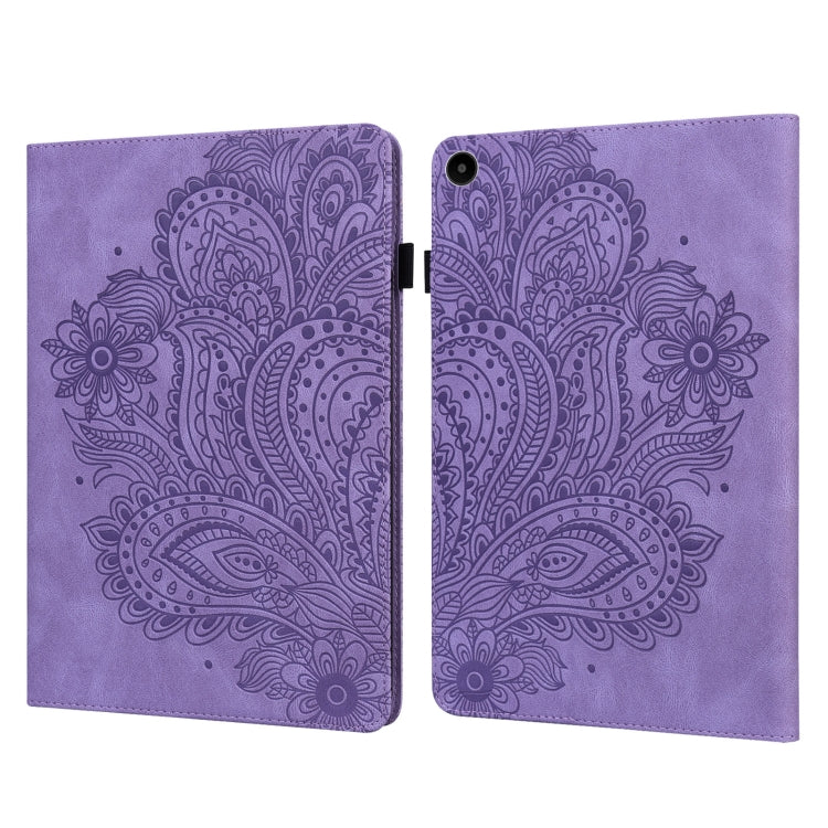 Purple peacock-embossed tablet case with flip cover; camera opening visible on back.