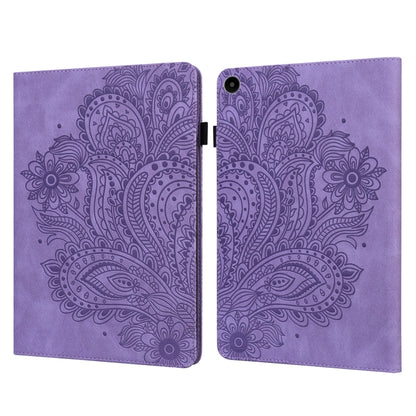Purple peacock-embossed tablet case with flip cover; camera opening visible on back.