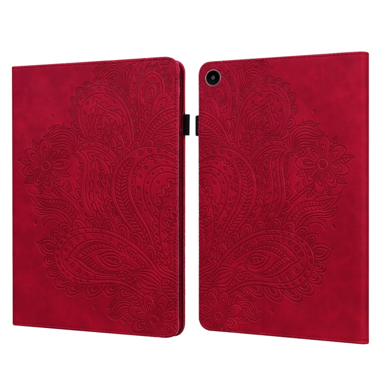 Red peacock embossed tablet folio case with camera cutout and side clasp
