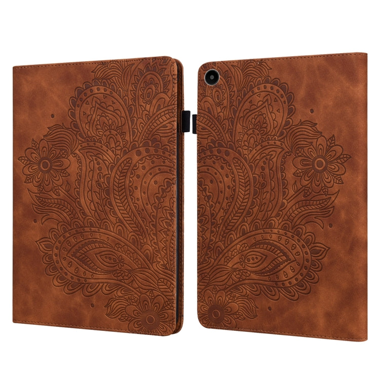 Brown peacock embossed tablet folio case with camera cutout and side clasp