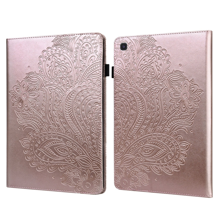 Rose gold peacock-embossed folio tablet case with front flap and camera opening on back.