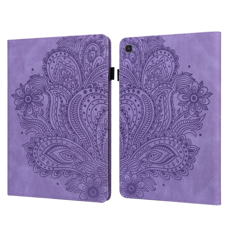 Purple peacock-embossed folio tablet case with clasp and camera opening on back.