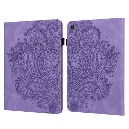 Purple peacock-embossed folio tablet case with clasp and camera opening on back.