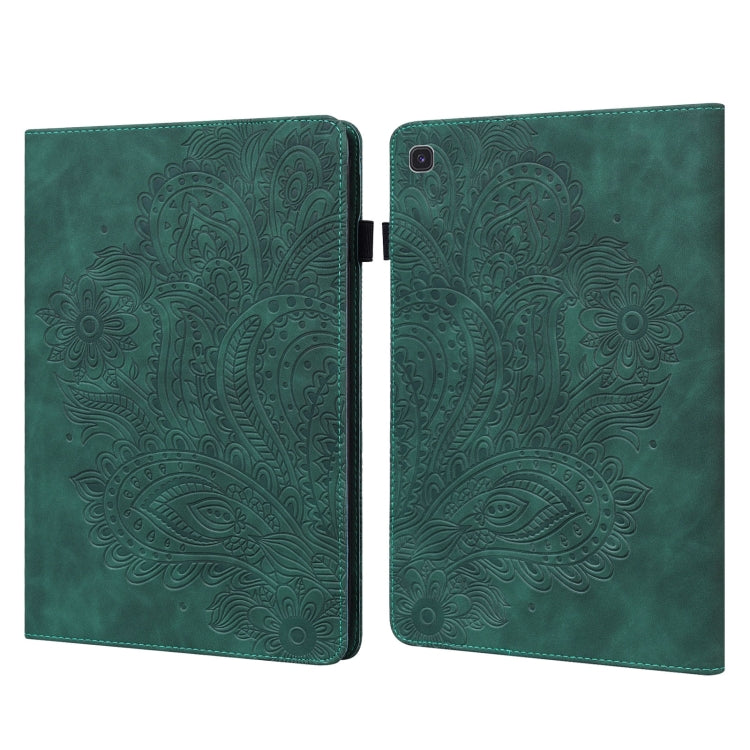 Green embossed leather-style tablet folio case with peacock pattern and camera cutout